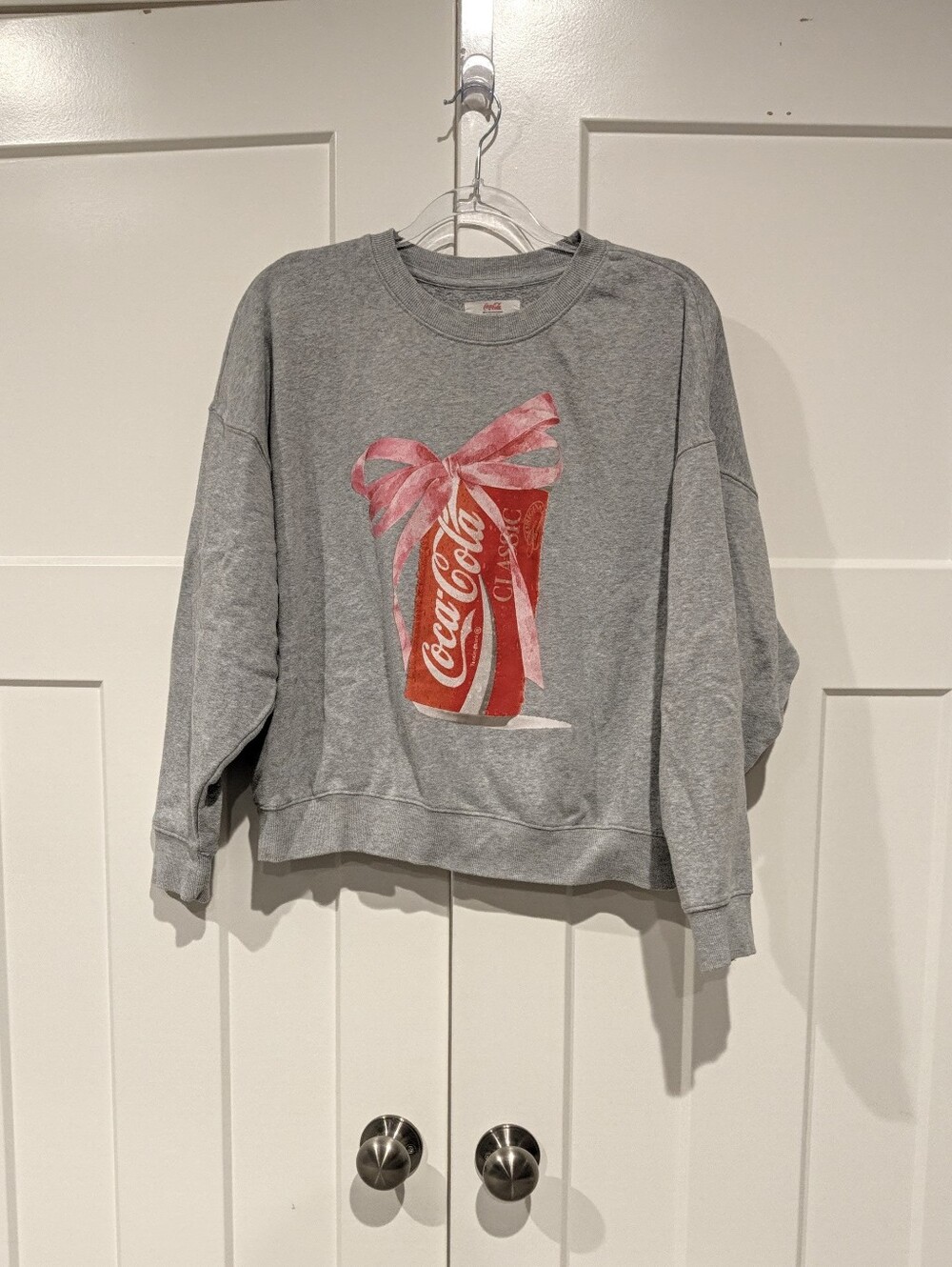Gray Coca-Cola Graphic Crewneck Sweatshirt with Pink Bow